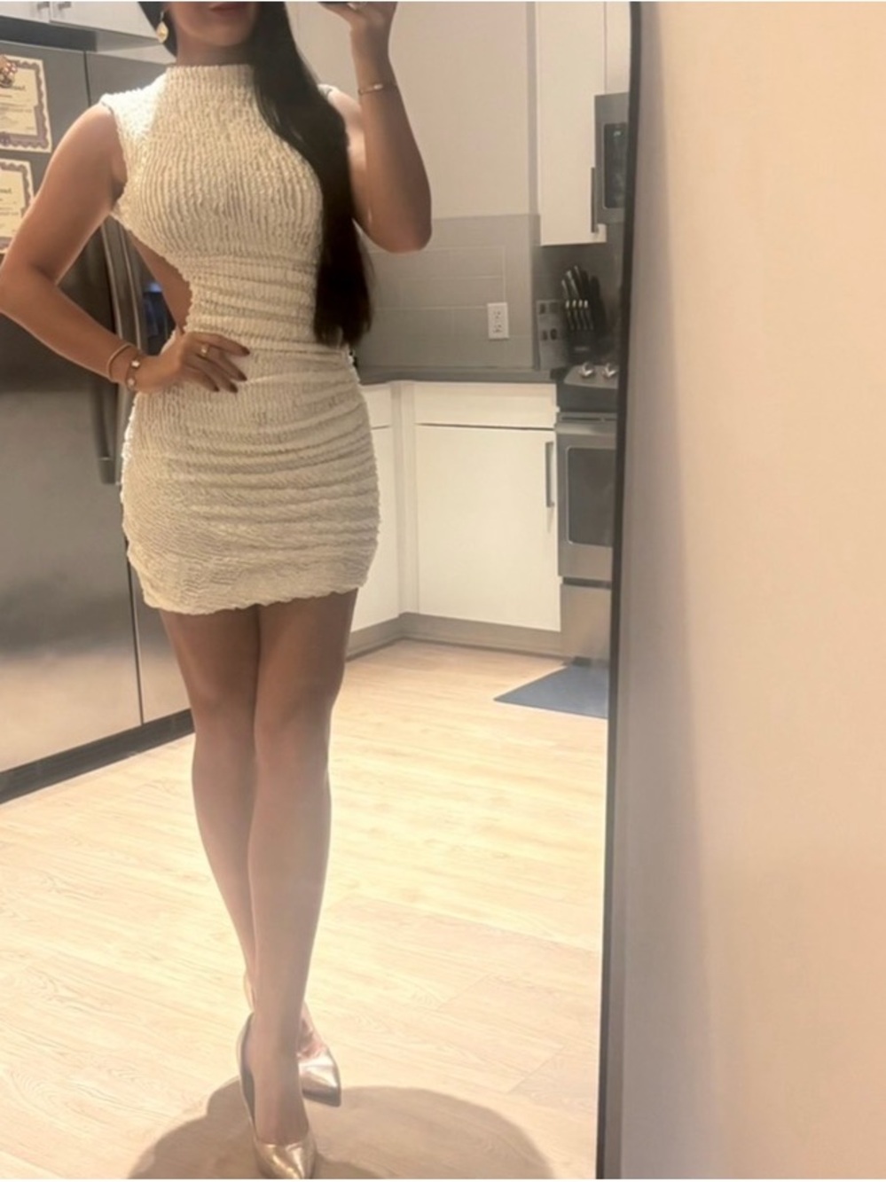 Open-Back Textured Ivory Mini Dress Small - Picture 7 of 7